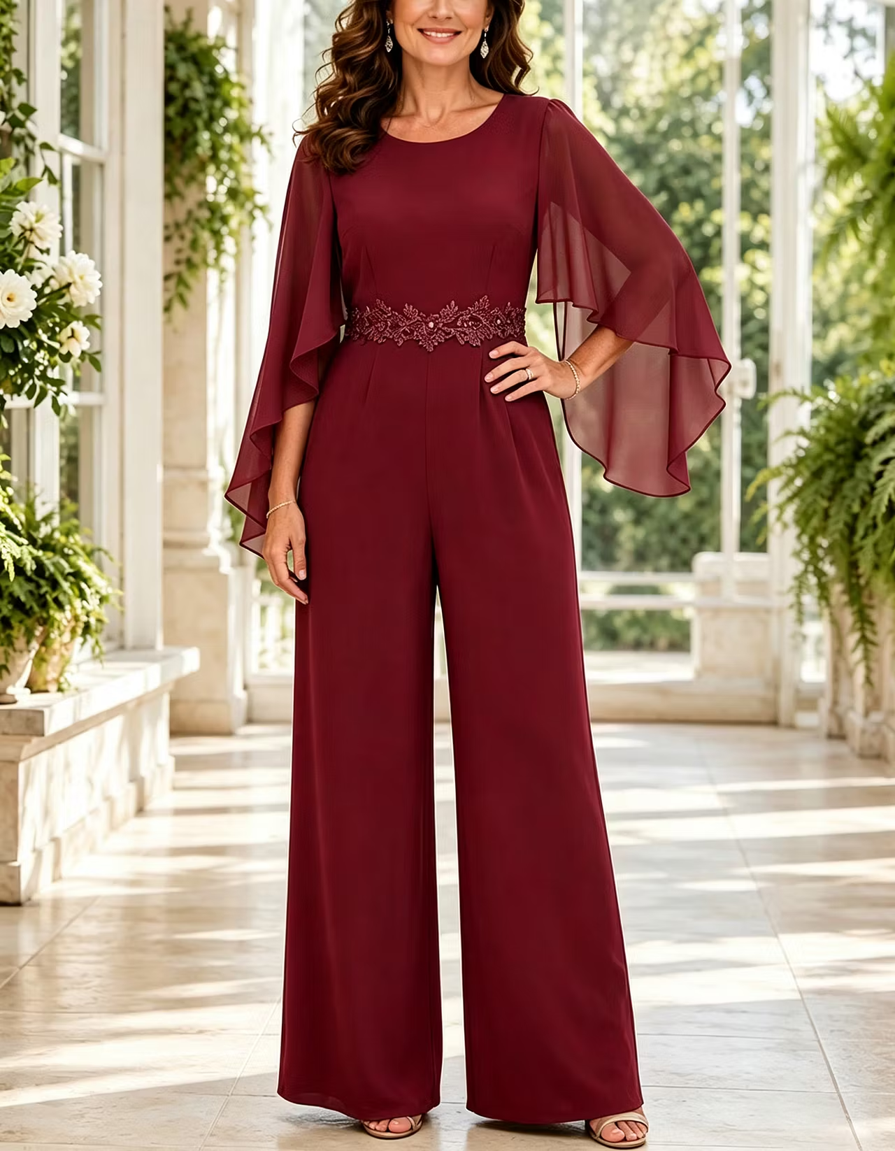 Chiffon Cape Sleeve Lace Waist Wide Leg Jumpsuit