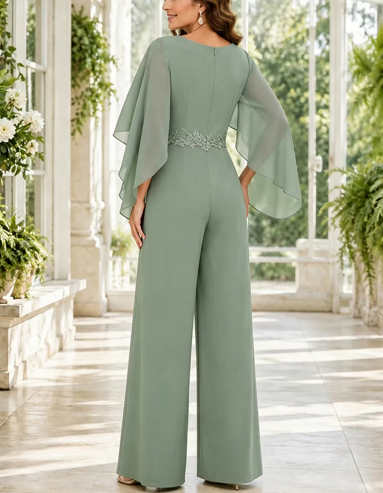 Chiffon Cape Sleeve Lace Waist Wide Leg Jumpsuit