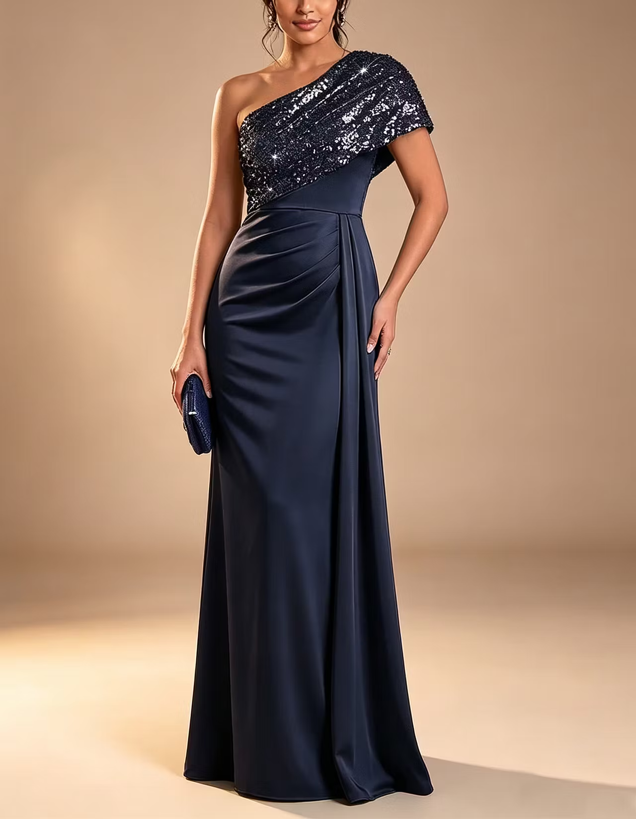 Solid Color Sequined Satin One Shoulder Design Maxi Dress