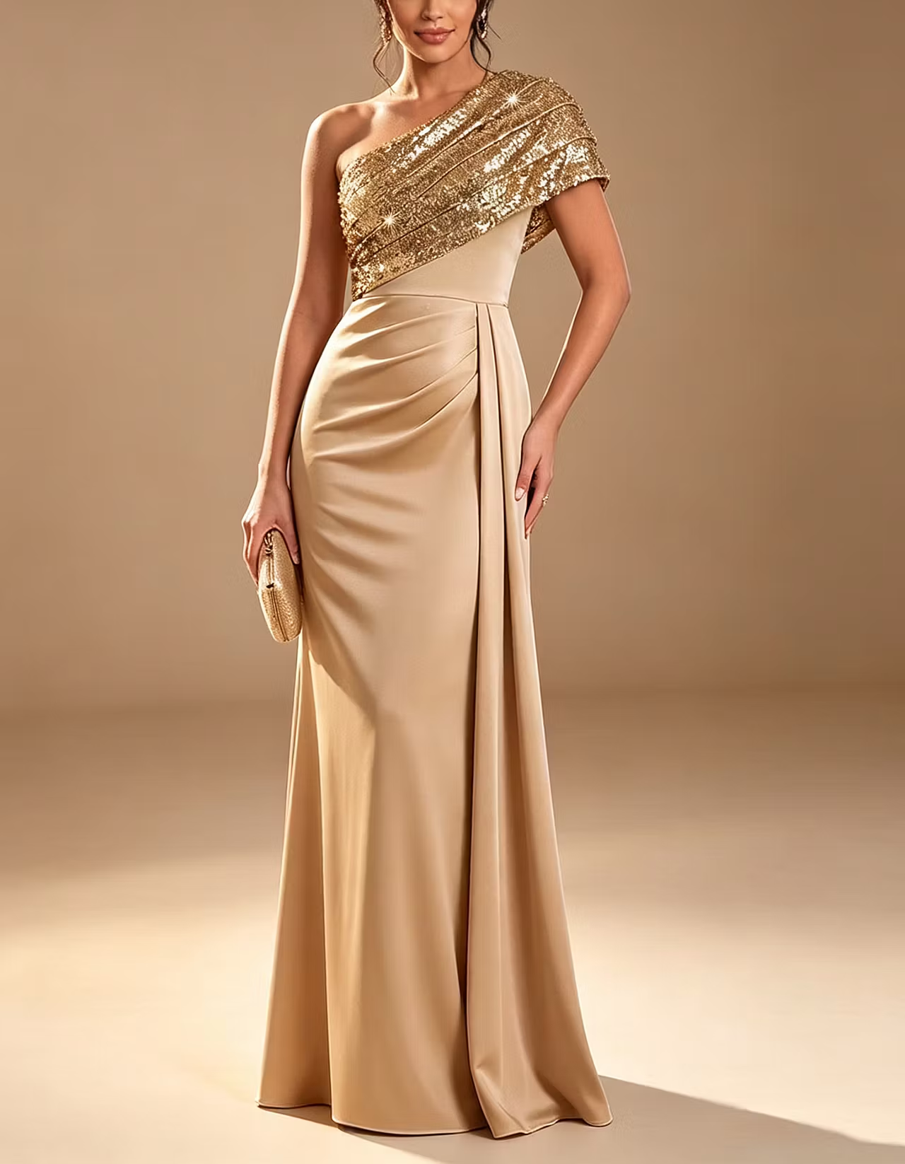 Solid Color Sequined Satin One Shoulder Design Maxi Dress