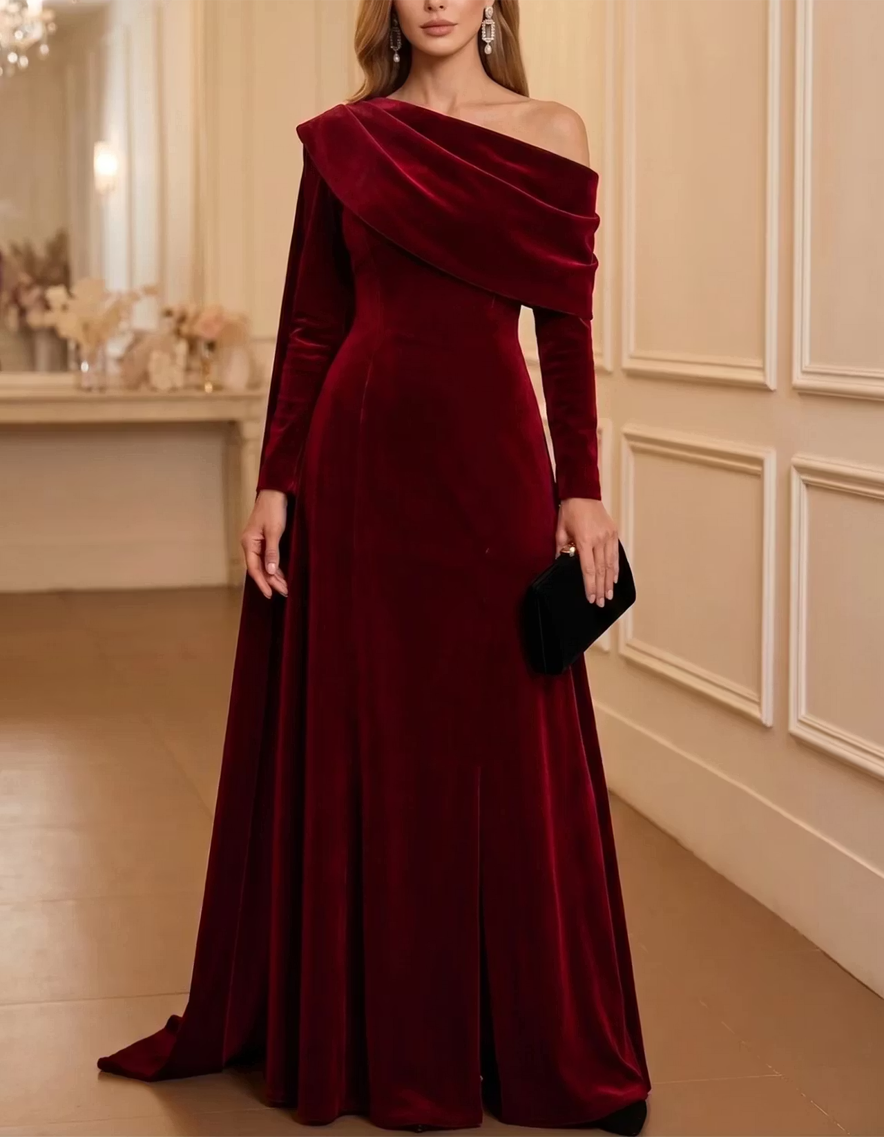 Burgundy Asymmetric Off-the-Shoulder Long-Sleeve Velvet Maxi Dress