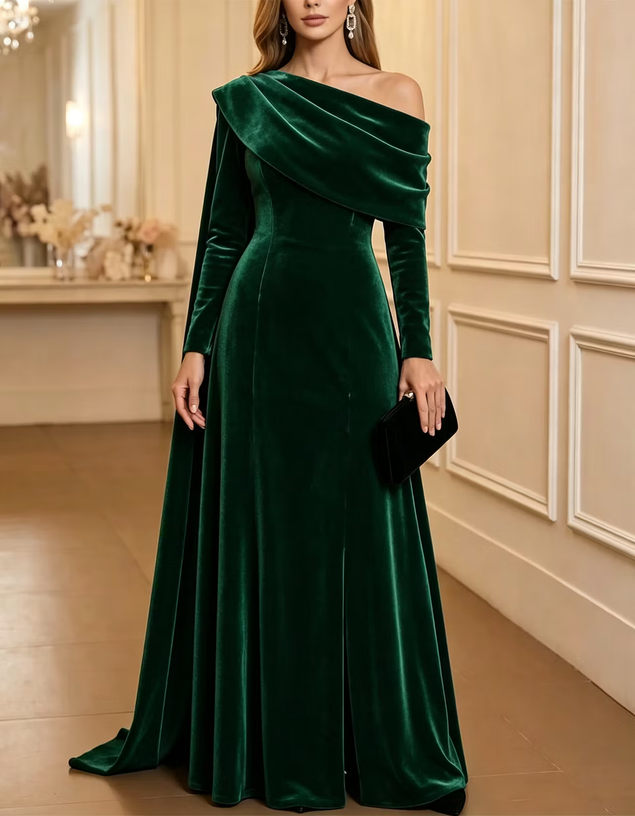 Burgundy Asymmetric Off-the-Shoulder Long-Sleeve Velvet Maxi Dress