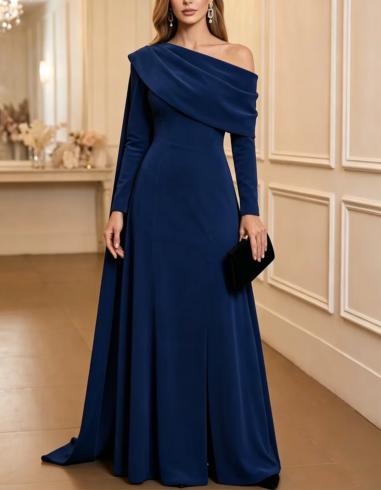 Burgundy Asymmetric Off-the-Shoulder Long-Sleeve Velvet Maxi Dress