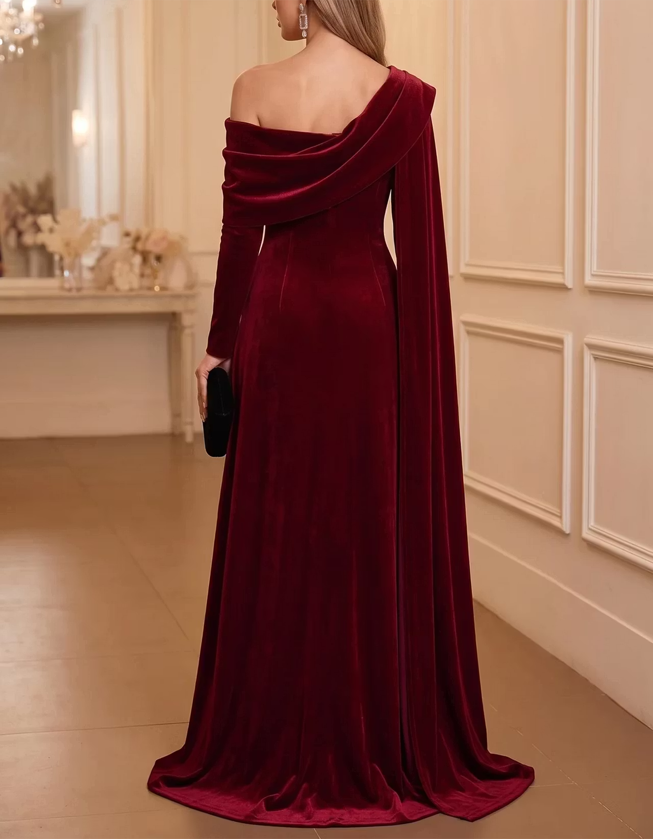 Burgundy Asymmetric Off-the-Shoulder Long-Sleeve Velvet Maxi Dress