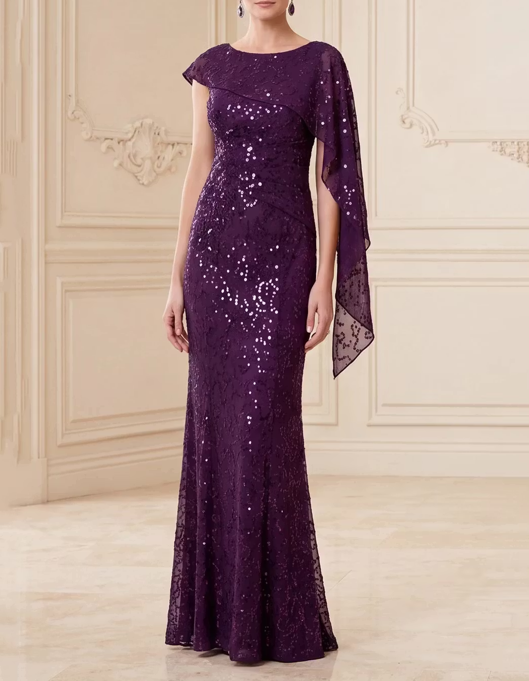 Round Neck Sequin Lace Cape Mermaid Evening Maxi Dress