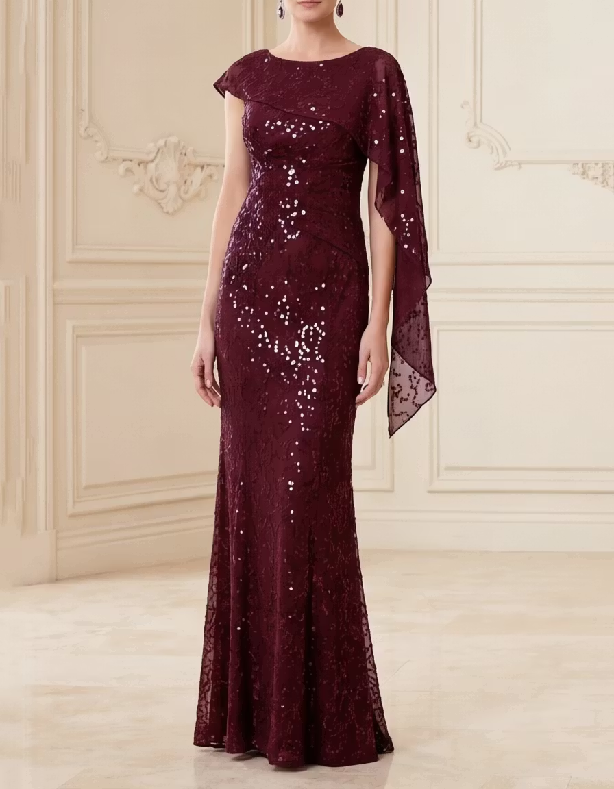 Round Neck Sequin Lace Cape Mermaid Evening Maxi Dress
