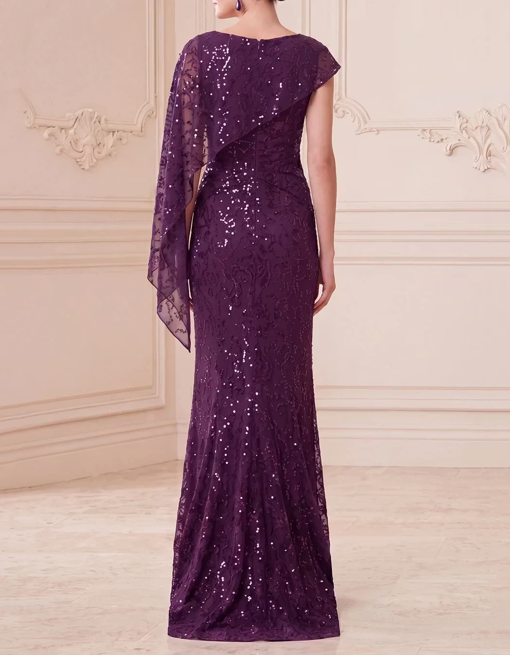 Round Neck Sequin Lace Cape Mermaid Evening Maxi Dress