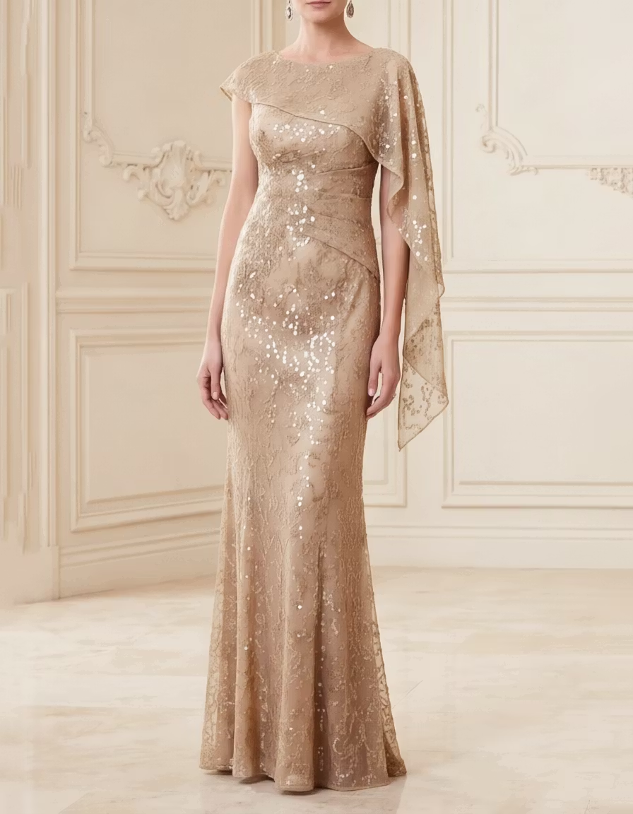 Round Neck Sequin Lace Cape Mermaid Evening Maxi Dress