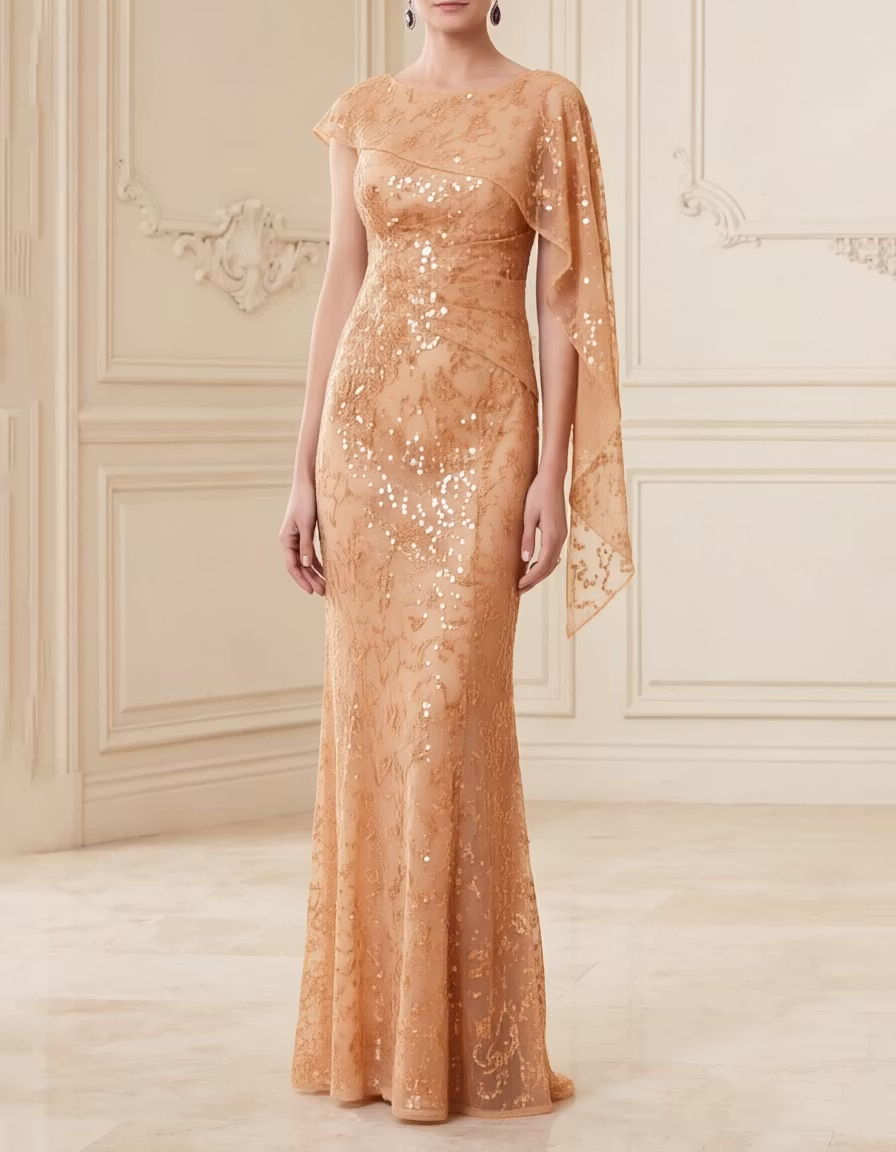 Round Neck Sequin Lace Cape Mermaid Evening Maxi Dress