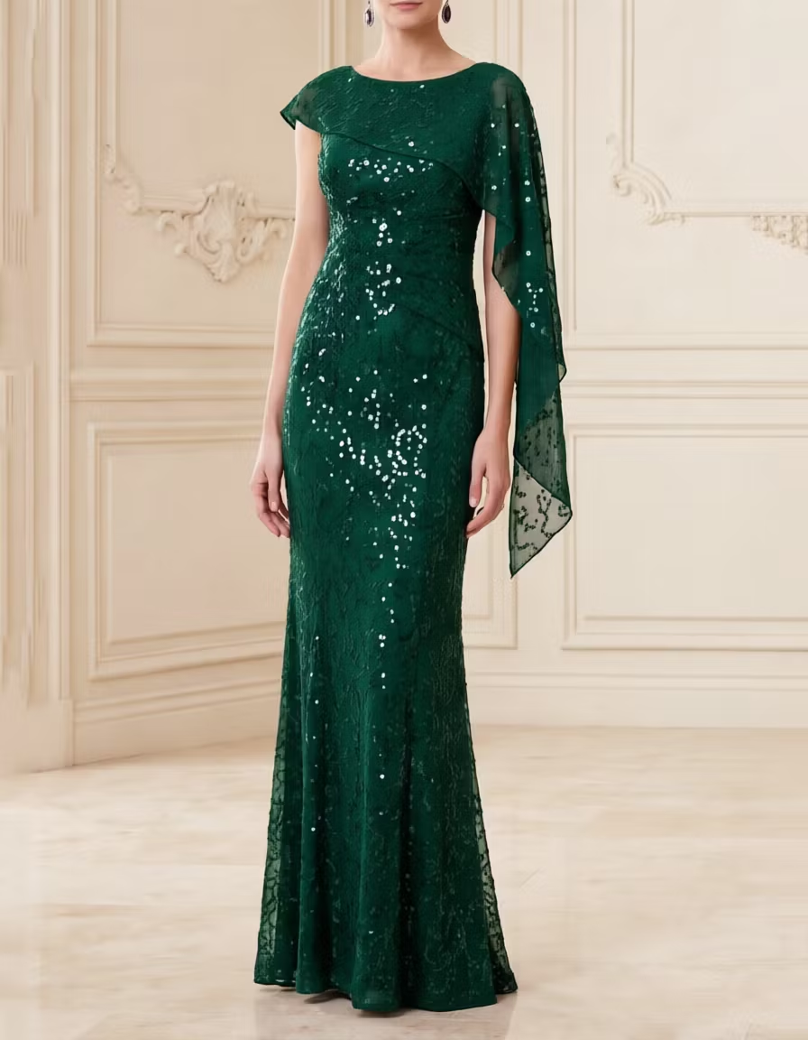Round Neck Sequin Lace Cape Mermaid Evening Maxi Dress