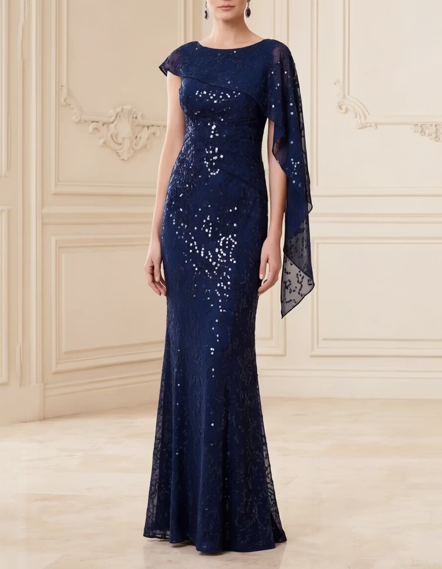 Round Neck Sequin Lace Cape Mermaid Evening Maxi Dress