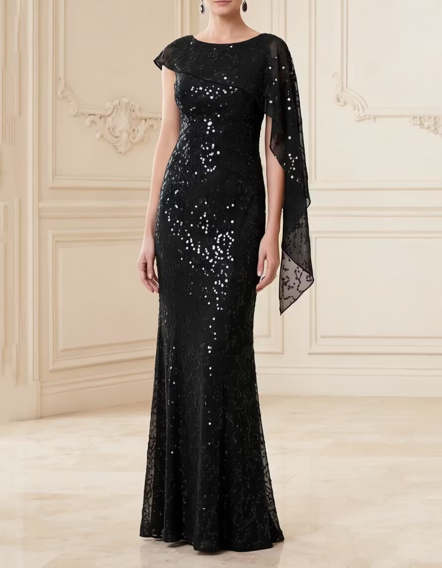 Round Neck Sequin Lace Cape Mermaid Evening Maxi Dress