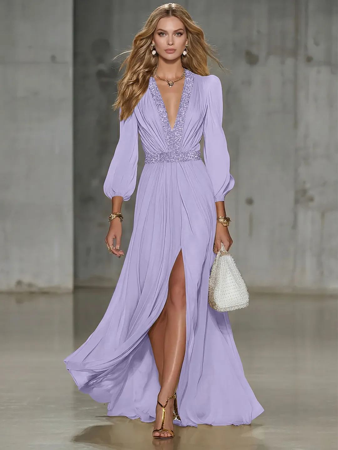 Elegant Beige Chiffon V-neck With Sequins Embellishments And A Side Slit Maxi Dress