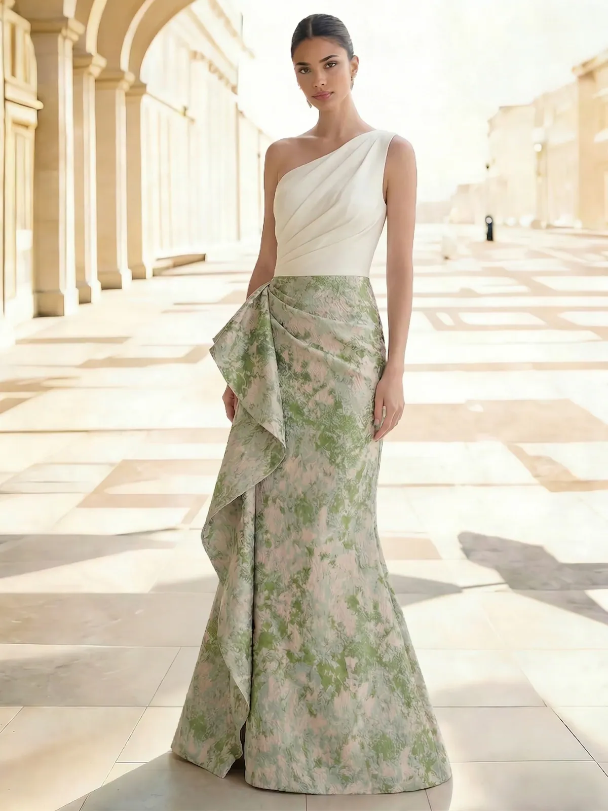 Sheath/Column Evening Gown Elegant Jacquard Floral Dress Prom Floor Length Sleeveless One Shoulder Ruffle with Slid Split Green Wedding Guest Dress