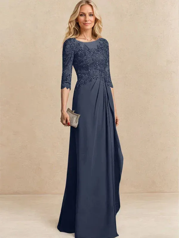 A-line Scoop Illusion Floor-Length Chiffon Lace Mother of the Bride Dress With Beading Sequins Cascading Ruffles