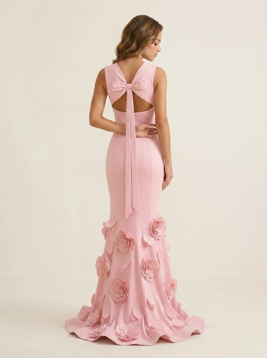 V-Neck Scalloped Mermaid Gown with 3D Floral Accents Evening Dresses