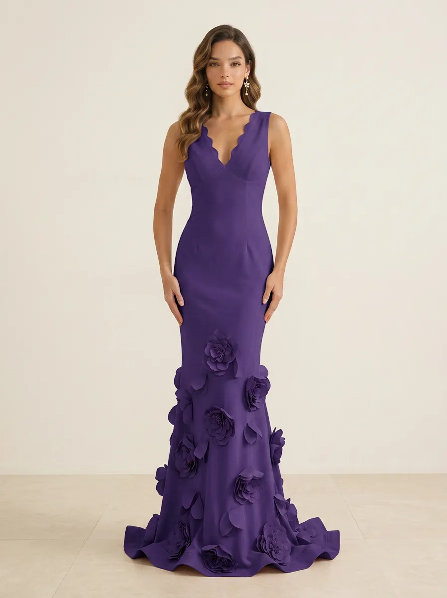 V-Neck Scalloped Mermaid Gown with 3D Floral Accents Evening Dresses
