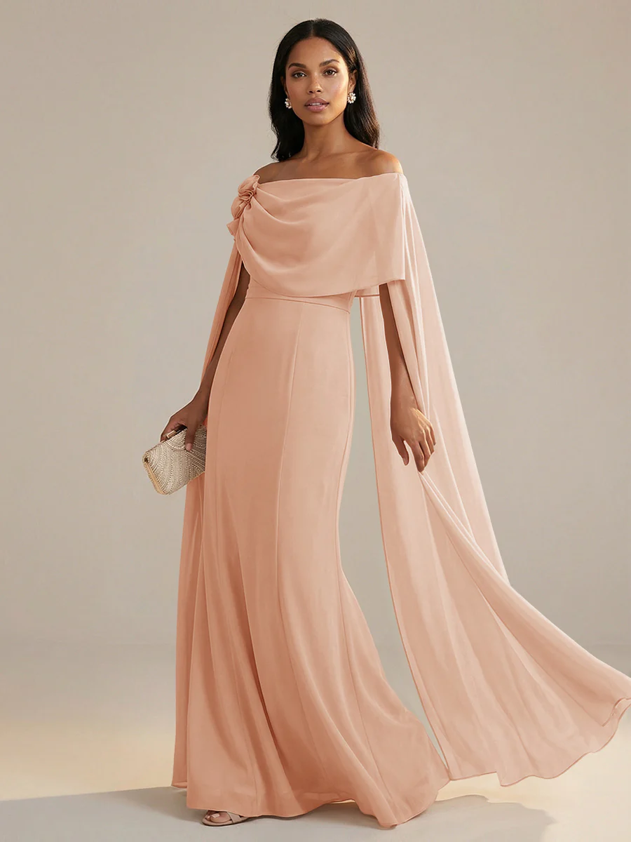 A-Line Chiffon Off-Shoulder Drape Floor-Length Mother of the Bride Dresses with Applique