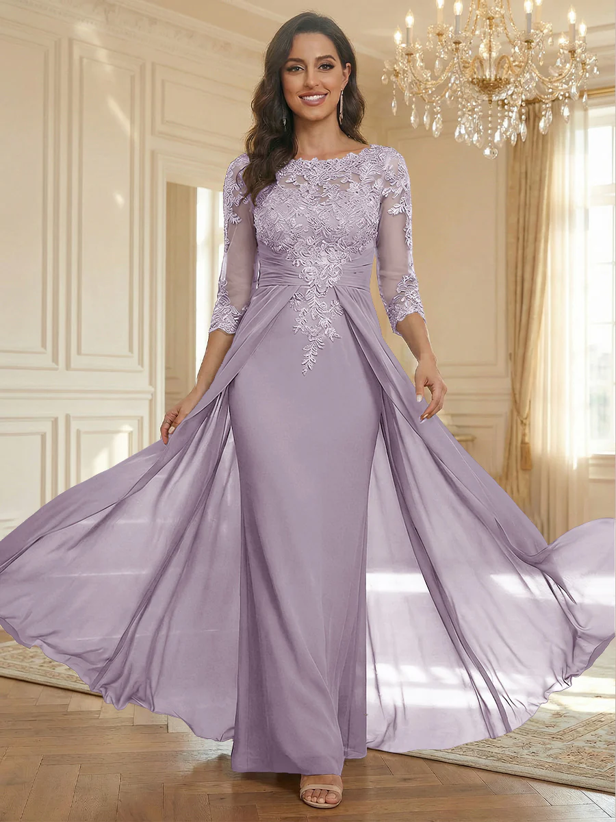 Sheath Scoop Neck 3/4 Sleeve Floor-Length Mother of the Bride Dresses with Lace Appliques