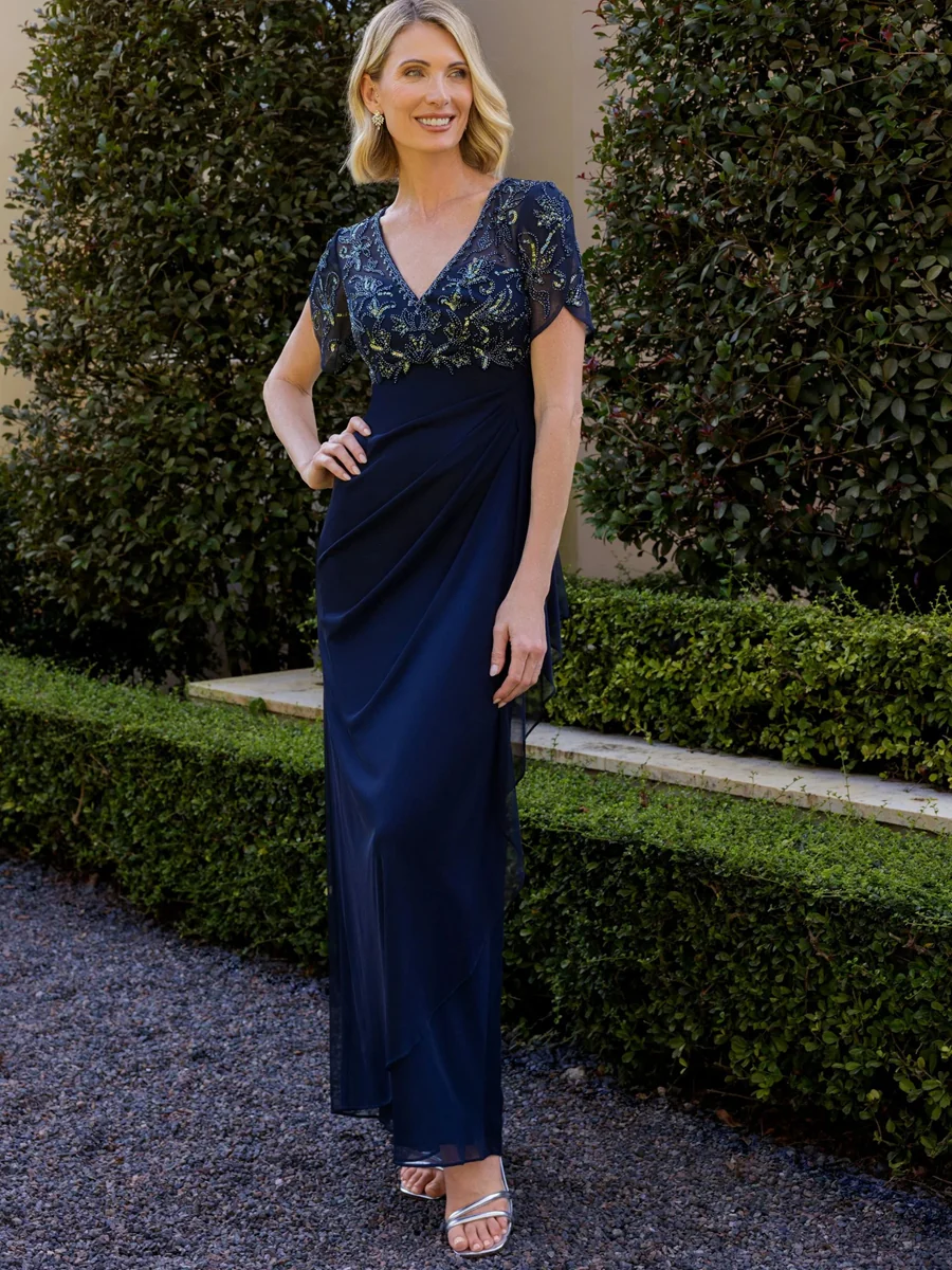 A-Line Chiffon V-Neck Short Sleeve Mother of the Bride Dresses Floor-Length with Sequin Appliques