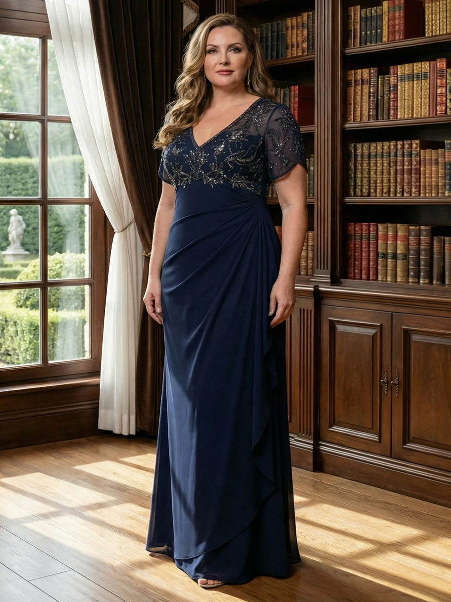 A-Line Chiffon V-Neck Short Sleeve Mother of the Bride Dresses Floor-Length with Sequin Appliques