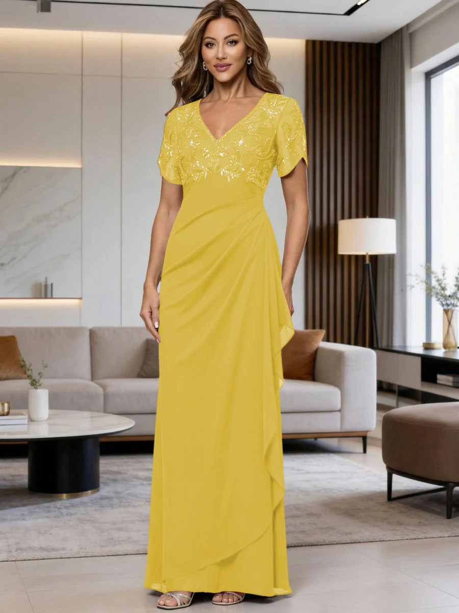 A-Line Chiffon V-Neck Short Sleeve Mother of the Bride Dresses Floor-Length with Sequin Appliques