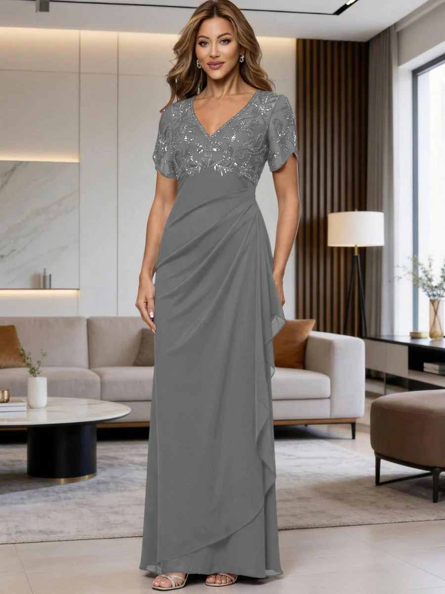 A-Line Chiffon V-Neck Short Sleeve Mother of the Bride Dresses Floor-Length with Sequin Appliques