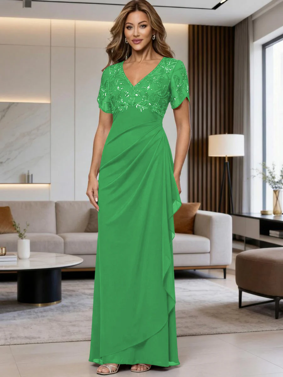 A-Line Chiffon V-Neck Short Sleeve Mother of the Bride Dresses Floor-Length with Sequin Appliques