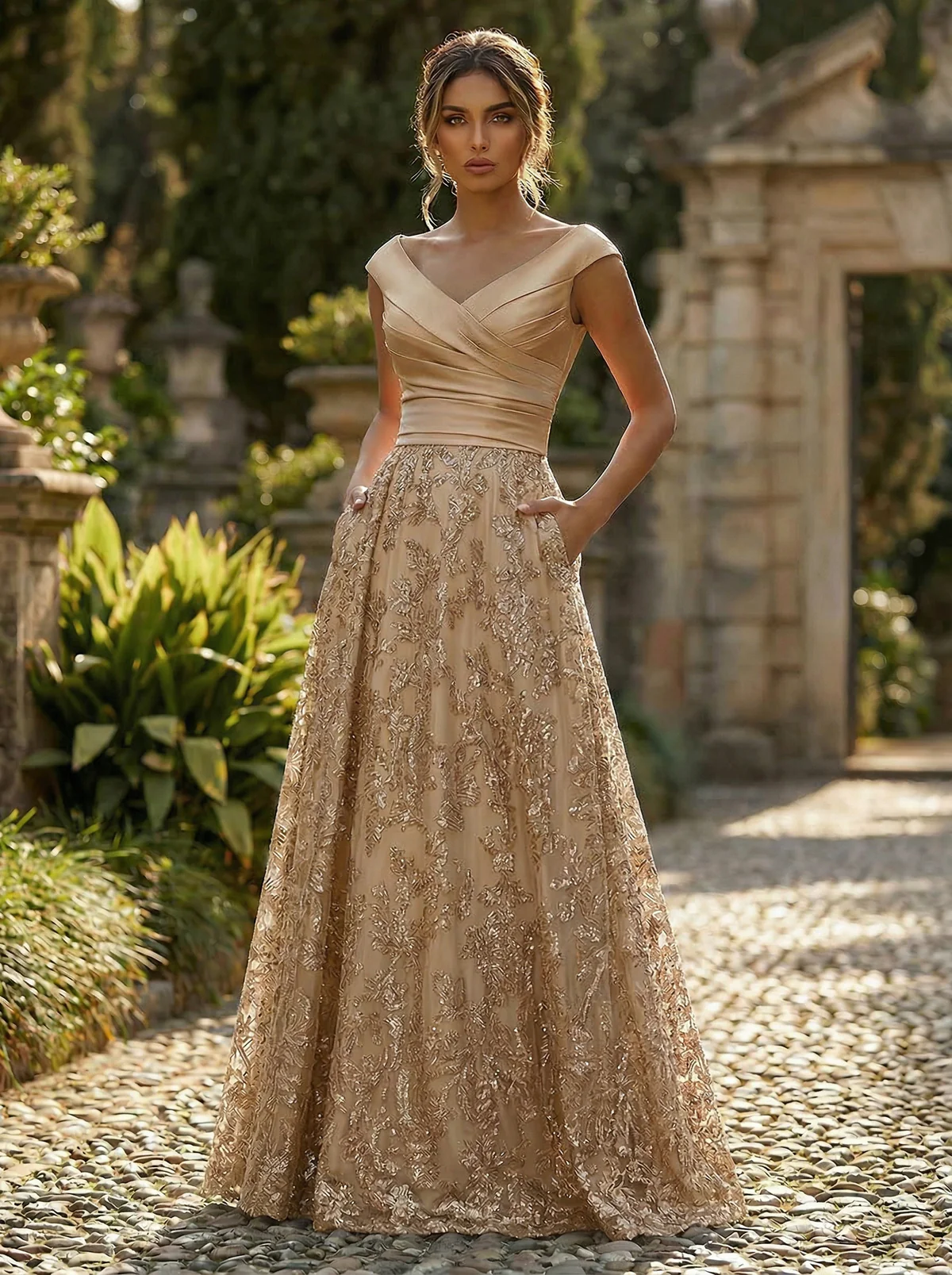 A-Line Floral Jacquard Floor-Length Mother of the Bride & Groom Dresses with Ruched Satin Bodice