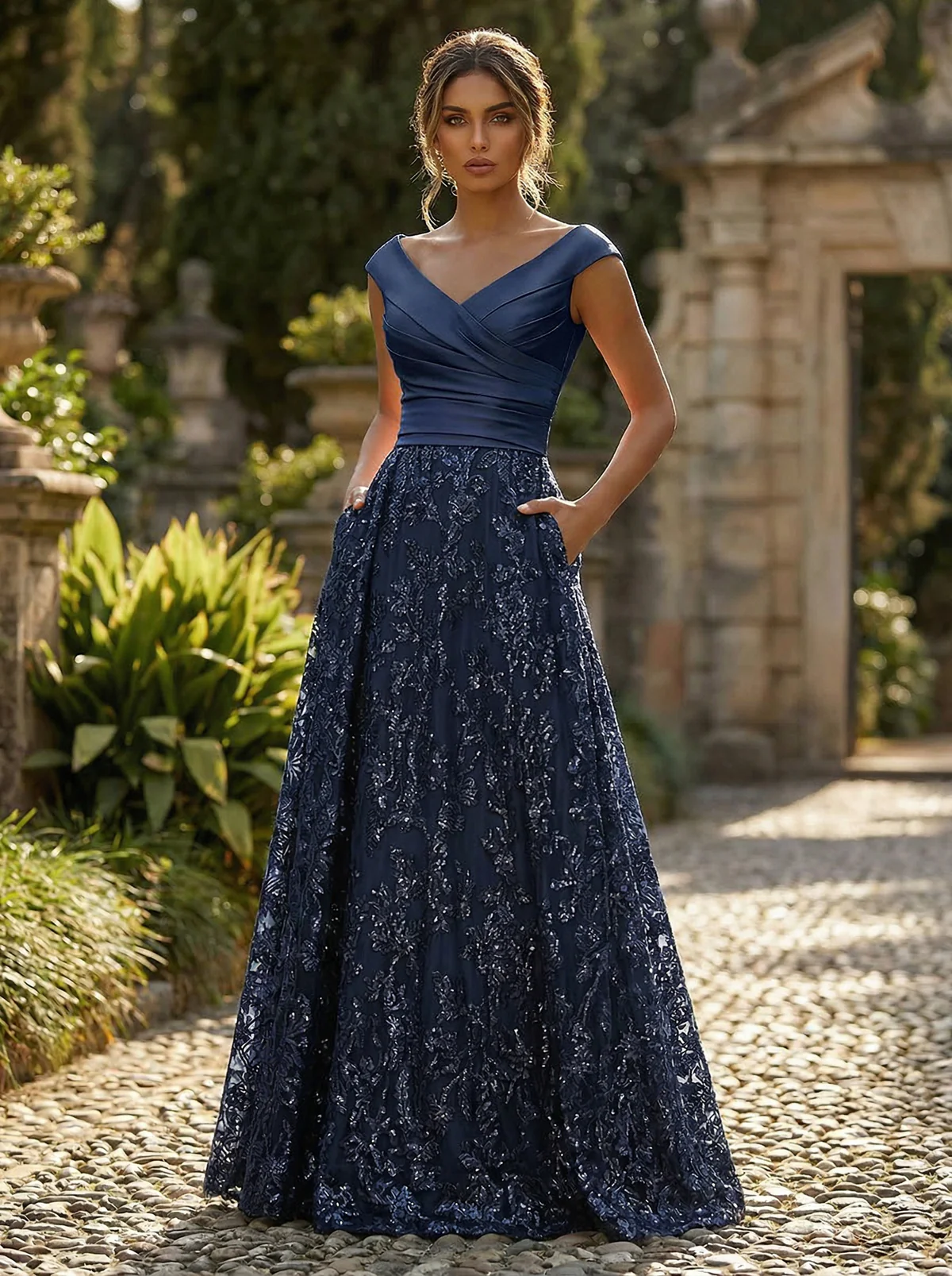 A-Line Floral Jacquard Floor-Length Mother of the Bride & Groom Dresses with Ruched Satin Bodice
