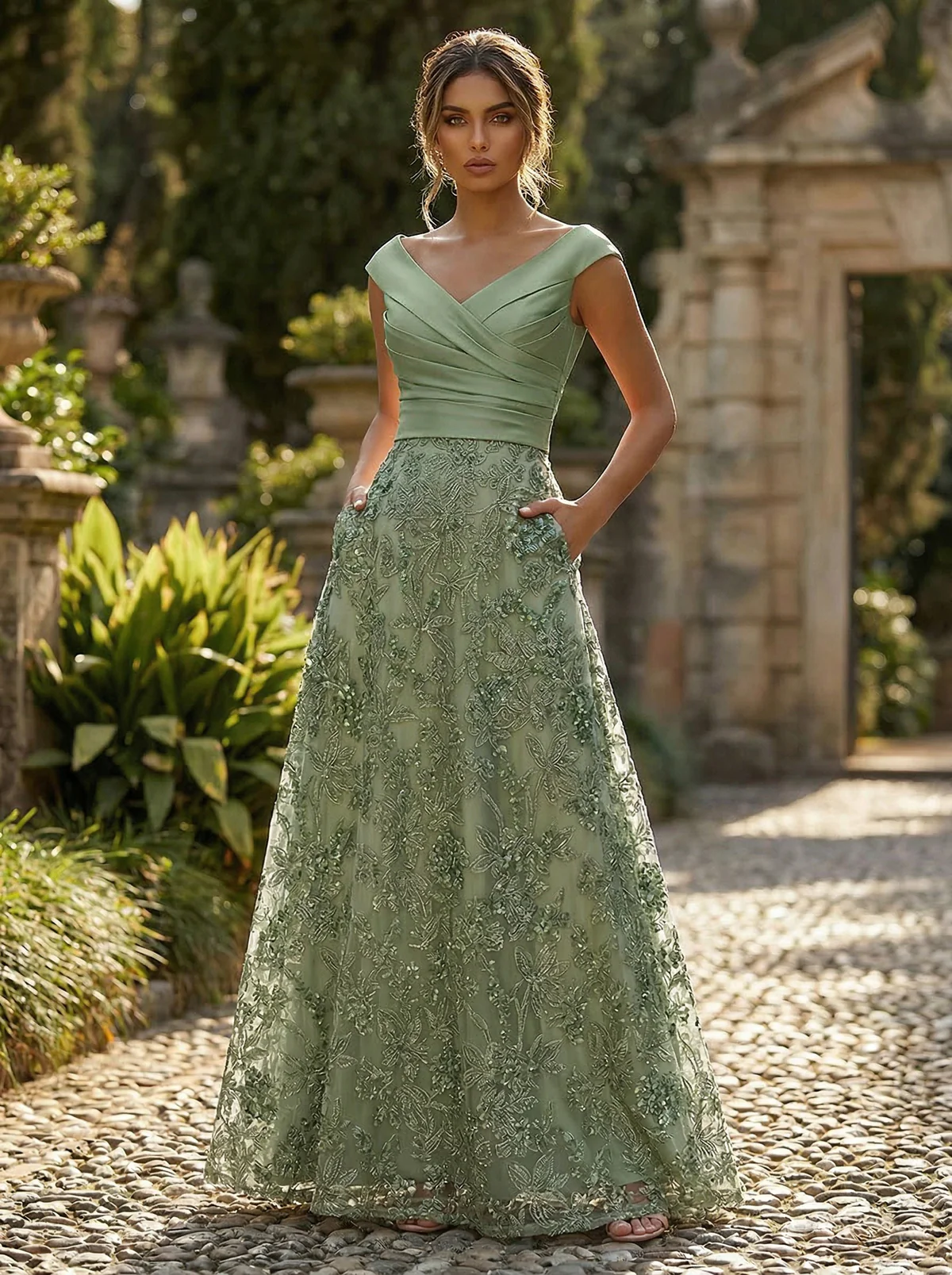 A-Line Floral Jacquard Floor-Length Mother of the Bride & Groom Dresses with Ruched Satin Bodice