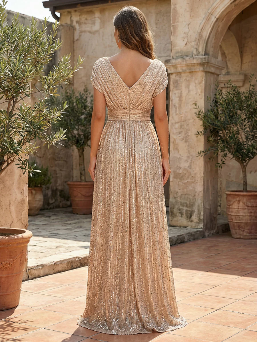 Sequin A-Line/Princess V-Neck Floor-Length Mother of the Bride & Groom Dresses with Ruched Waist