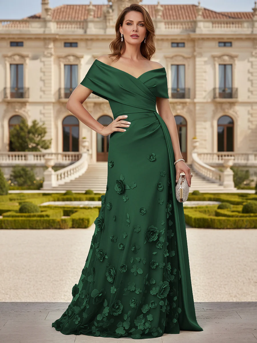 Tulle A-Line/Princess Off Shoulder Floor-Length Mother of the Bride & Groom Dresses with 3D Flowers