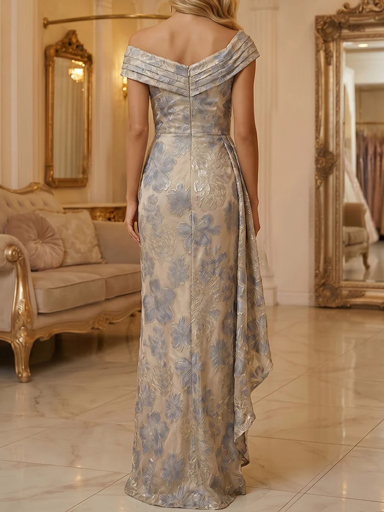 Jacquard Sheath/Column Off Shoulder Floor-Length Formal Dresses Ruffles