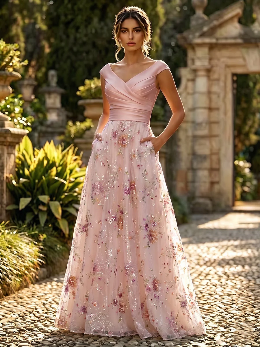 A-Line Floral Jacquard Floor-Length Mother of the Bride & Groom Dresses with Ruched Satin Bodice