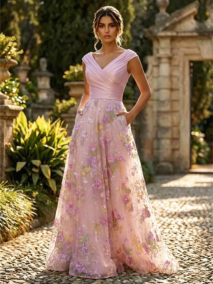 A-Line Floral Jacquard Floor-Length Mother of the Bride & Groom Dresses with Ruched Satin Bodice