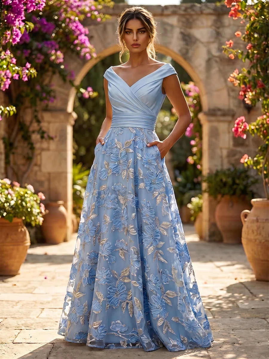 A-Line Floral Jacquard Floor-Length Mother of the Bride & Groom Dresses with Ruched Satin Bodice