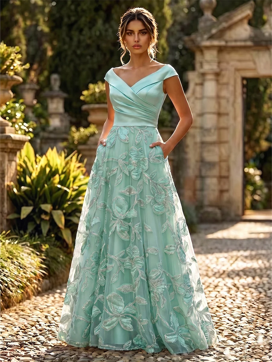 A-Line Floral Jacquard Floor-Length Mother of the Bride & Groom Dresses with Ruched Satin Bodice