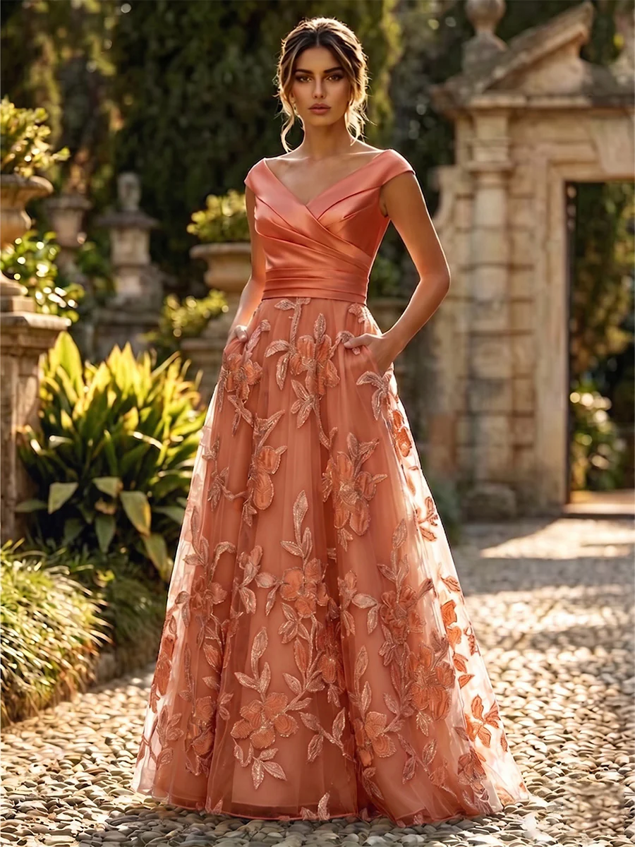 A-Line Floral Jacquard Floor-Length Mother of the Bride & Groom Dresses with Ruched Satin Bodice