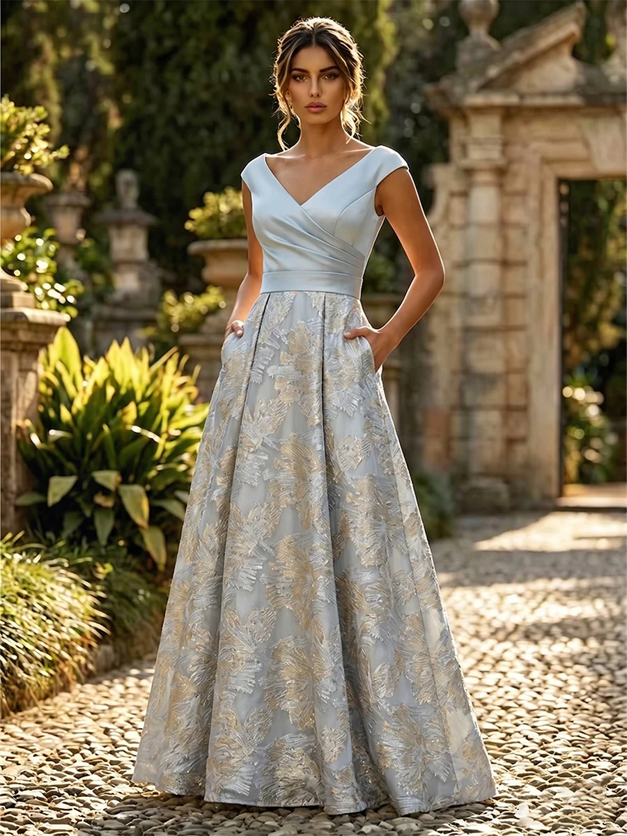 A-Line Floral Jacquard Floor-Length Mother of the Bride & Groom Dresses with Ruched Satin Bodice