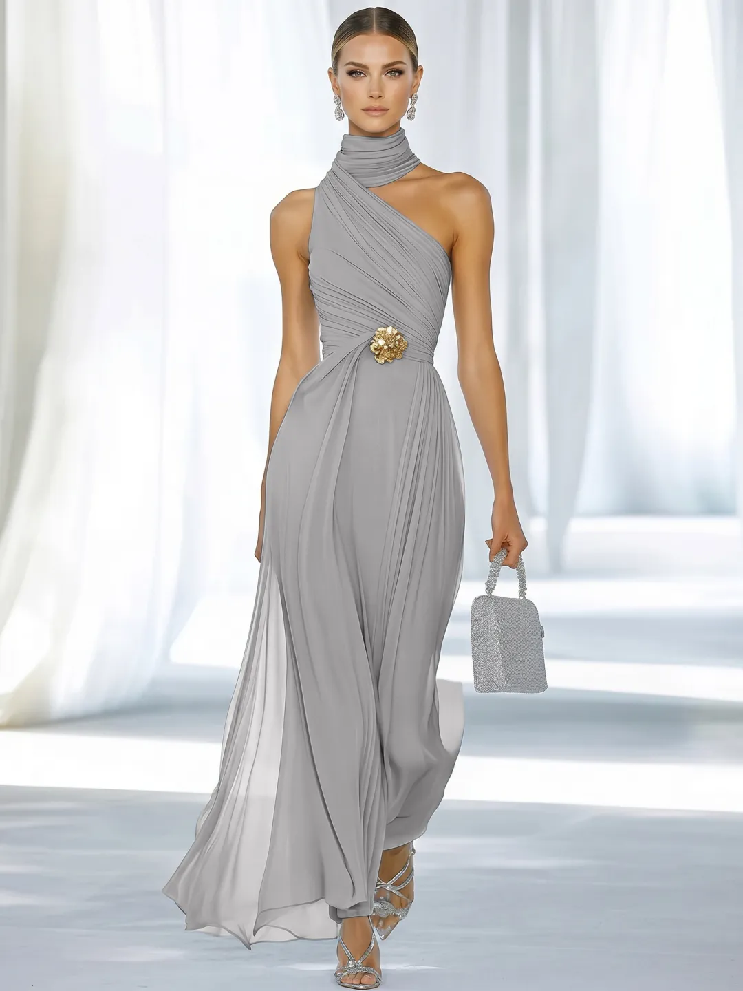 Sky Blue One-Shoulder High-Neck Ruched Chiffon Maxi Dress