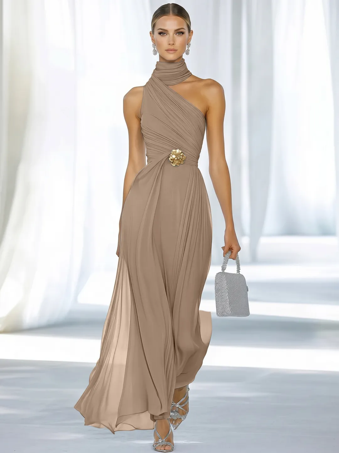 Sky Blue One-Shoulder High-Neck Ruched Chiffon Maxi Dress