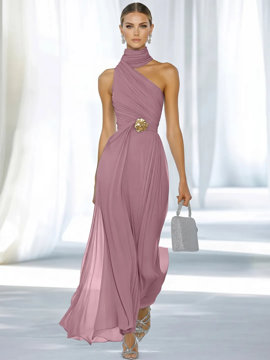 Sky Blue One-Shoulder High-Neck Ruched Chiffon Maxi Dress