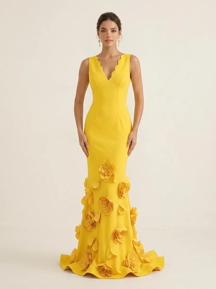 V-Neck Scalloped Mermaid Gown with 3D Floral Accents Evening Dresses