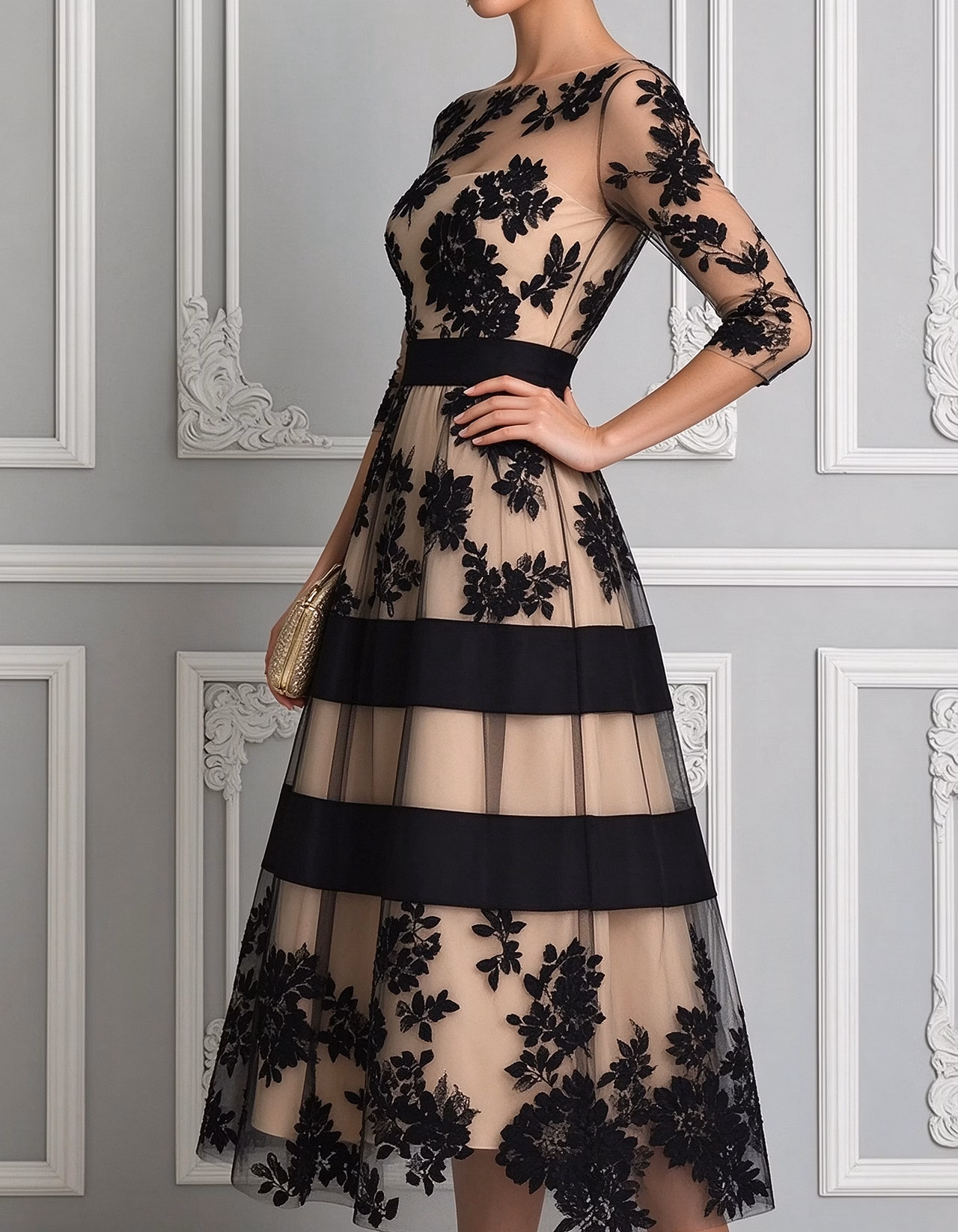 Black Boat Neck 3/4 Sleeve Lace Midi Dress