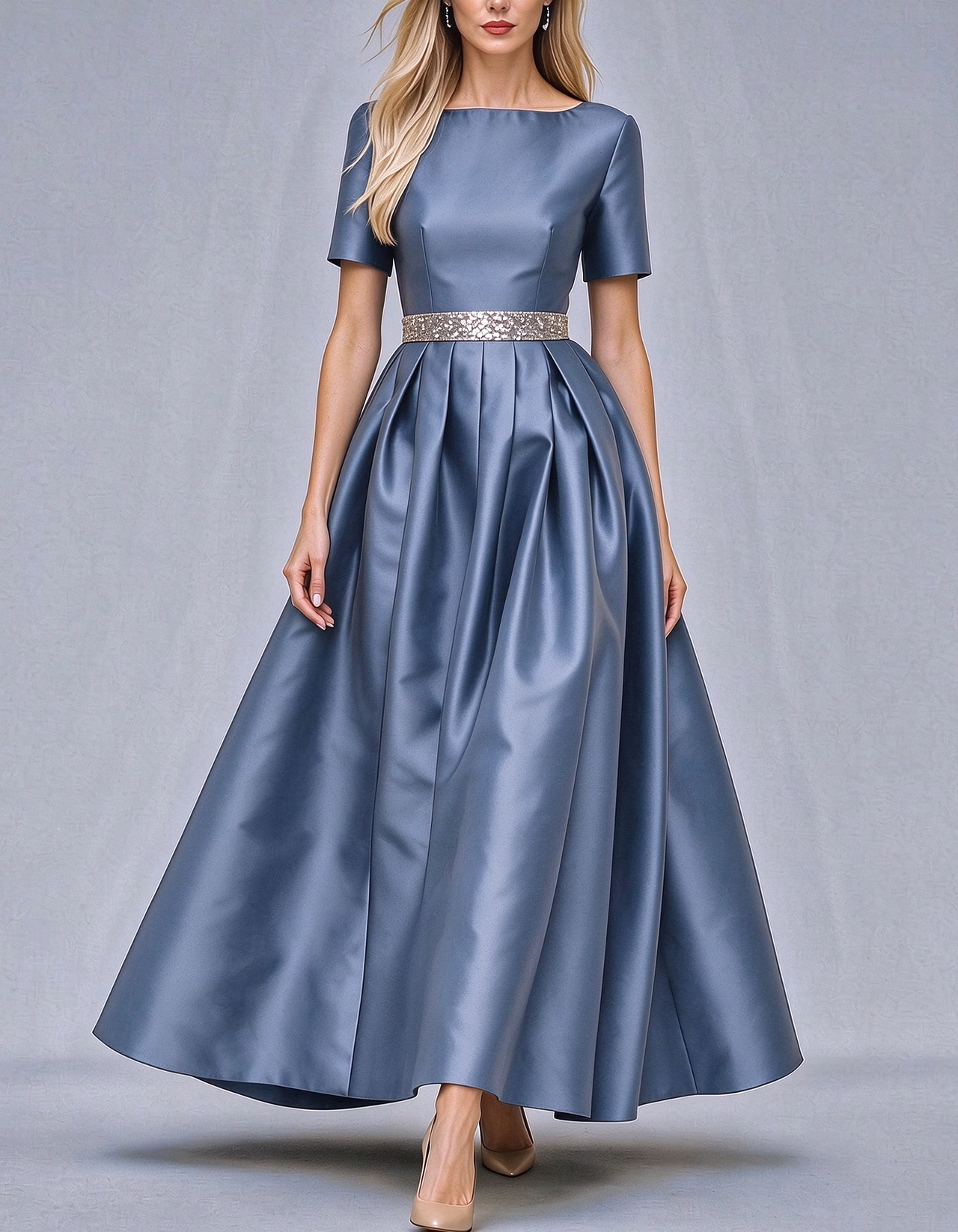 Boat Neck Short Sleeve Satin Maxi Dress