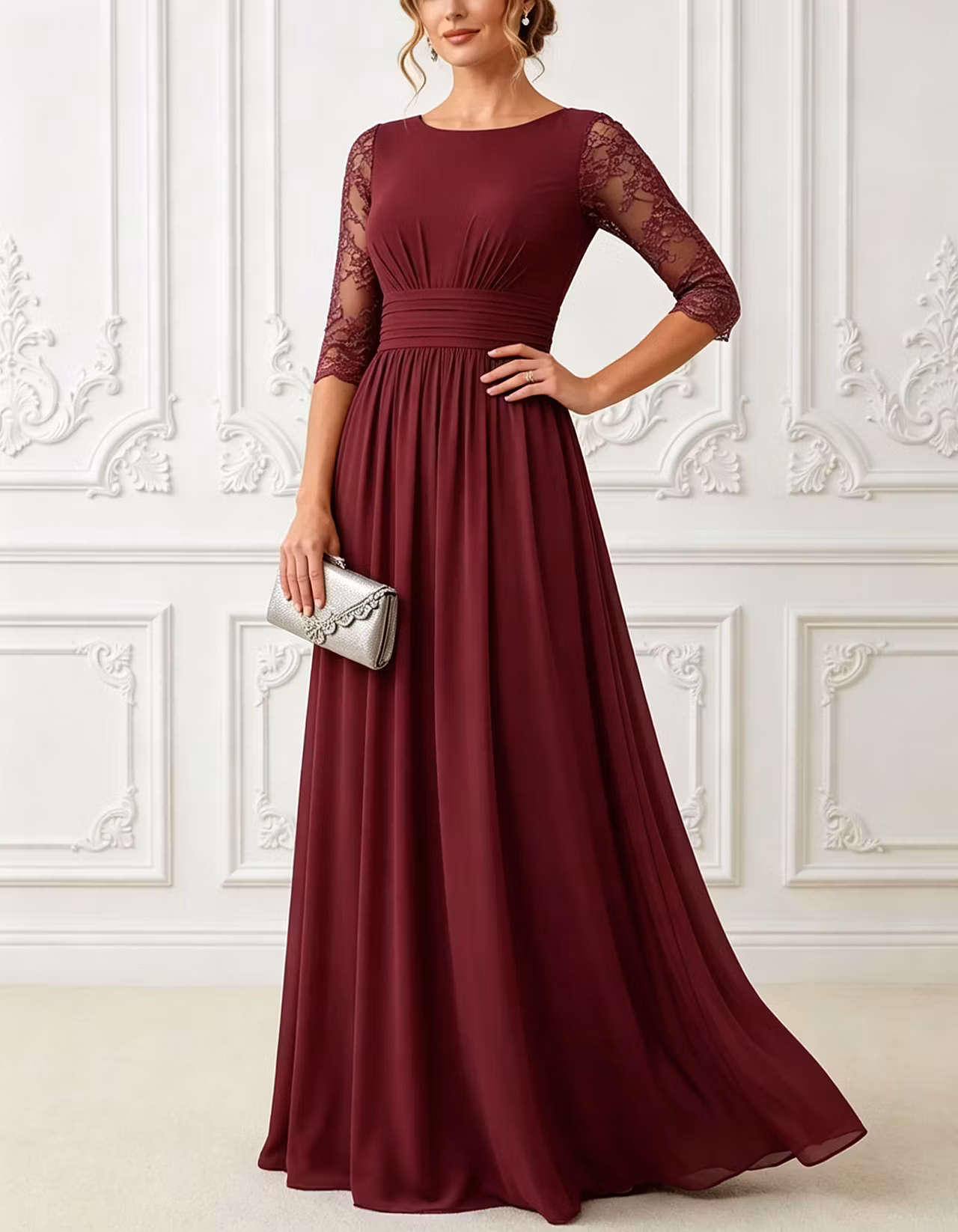 Chiffon Round Neck Sheer Lace 3/4 Sleeve Maxi Dress