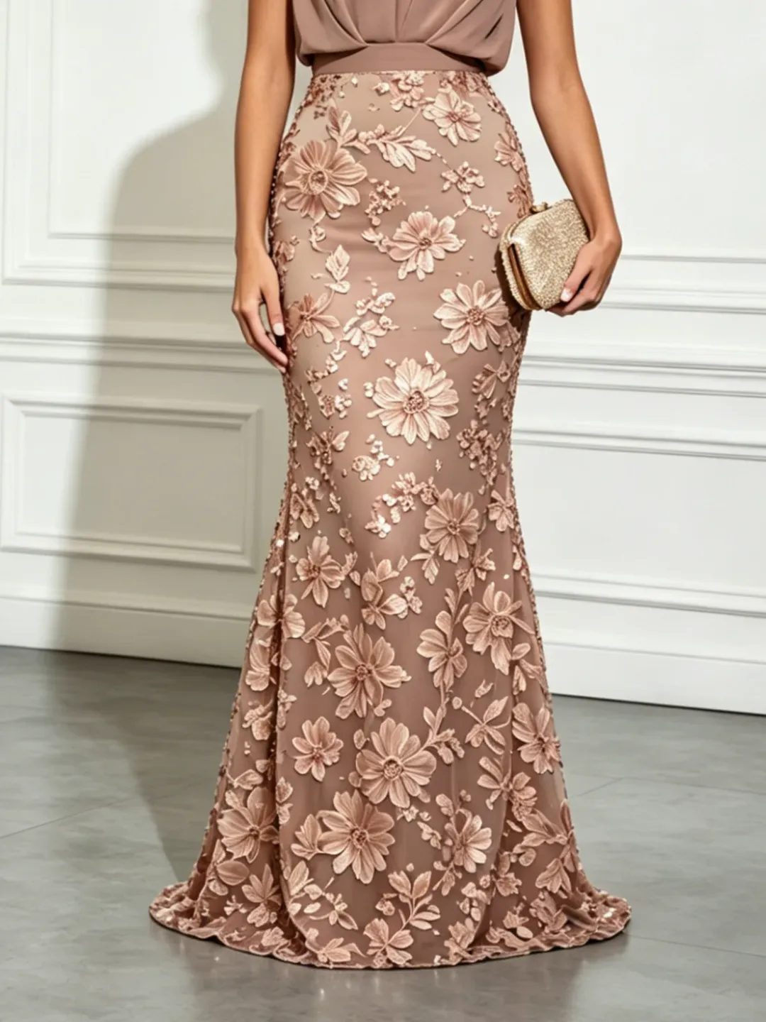 Light Brown 3D Floral Ruched Classic Mock Neck Sleeveless Mermaid Gown Dress
