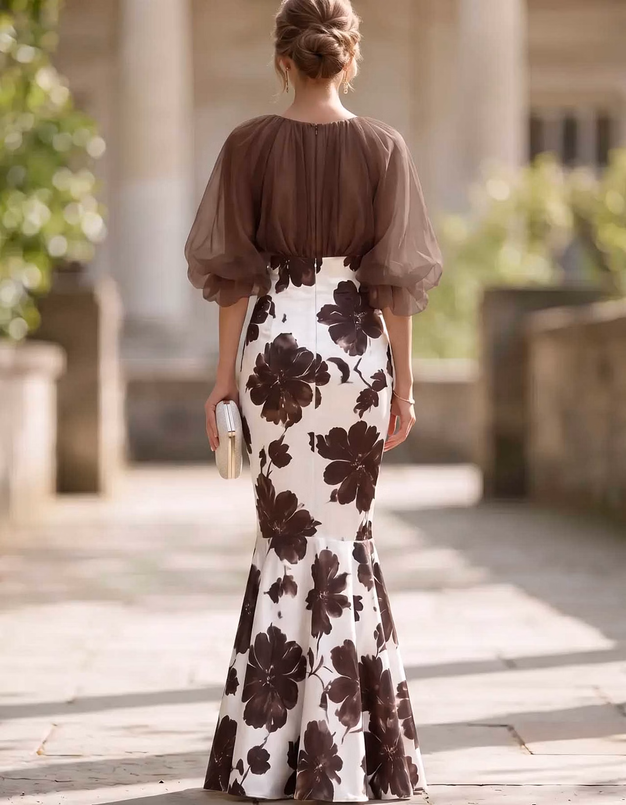 Brown Sheer Puff Sleeve Floral Print Satin Maxi Dress