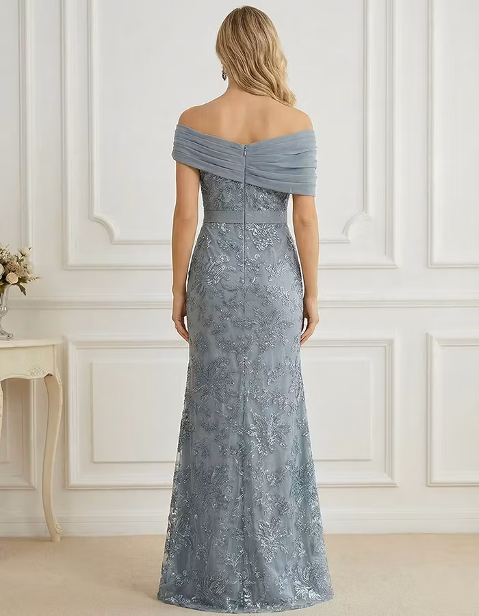 Off-the-Shoulder Chiffon & Sequin Mesh Maxi Dress